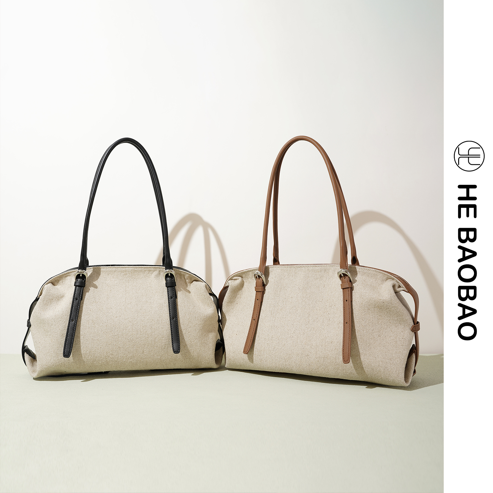 HE BAOBAO新品牛皮拼亚麻布托特包斜挎枕头女包大容量通勤单肩包,淘宝优惠券,粉丝福利购,淘宝优惠卷