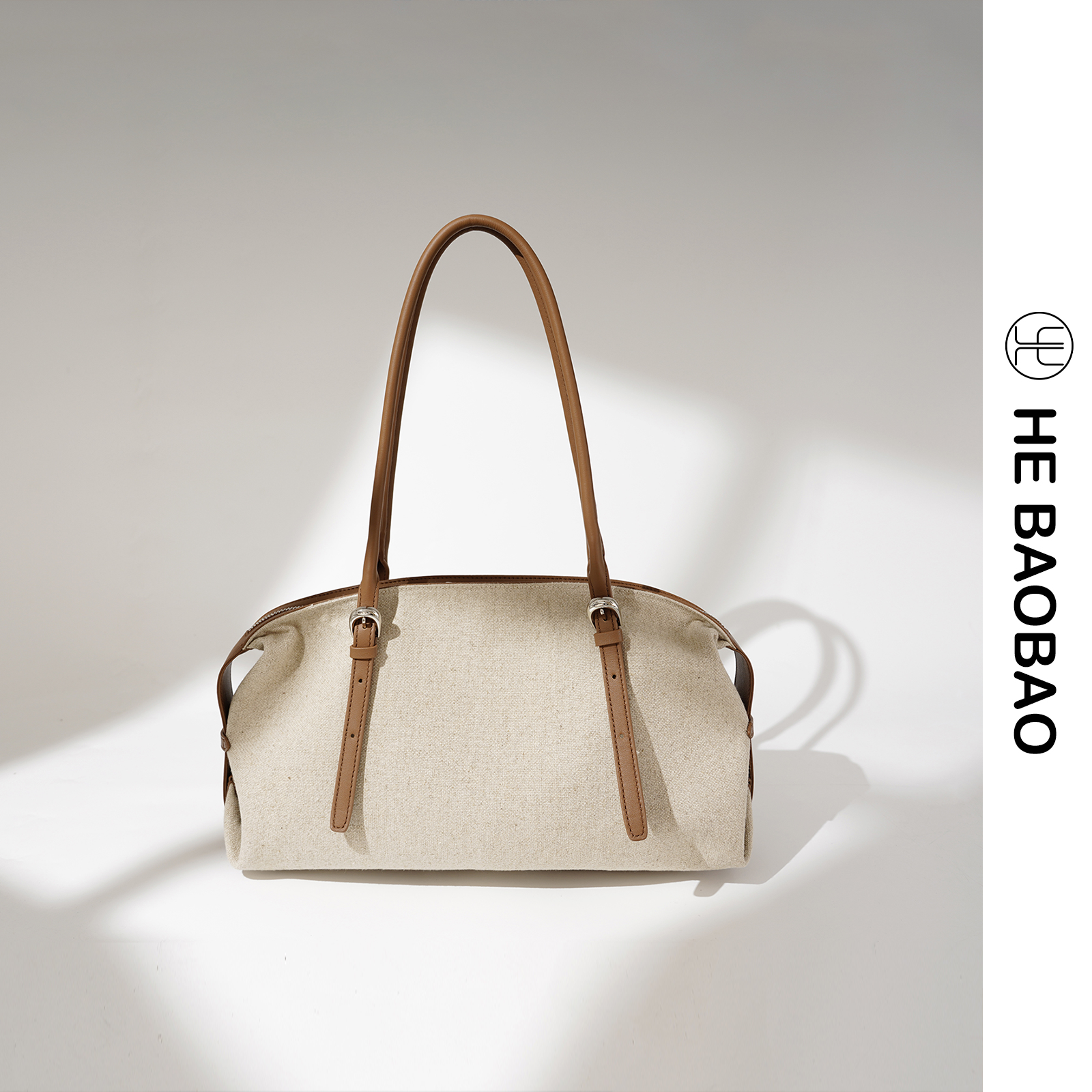 HE BAOBAO新品牛皮拼亚麻布托特包斜挎枕头女包大容量通勤单肩包,淘宝优惠券,粉丝福利购,淘宝优惠卷