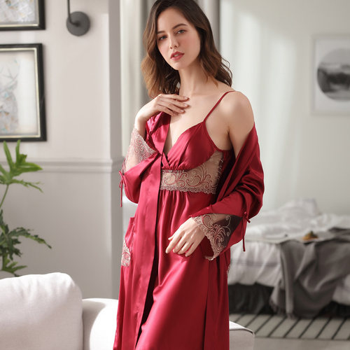 春秋睡衣女夏大码胖mm真丝性感吊带睡裙睡袍两件套丝绸冰丝蕾丝冬 - 图0