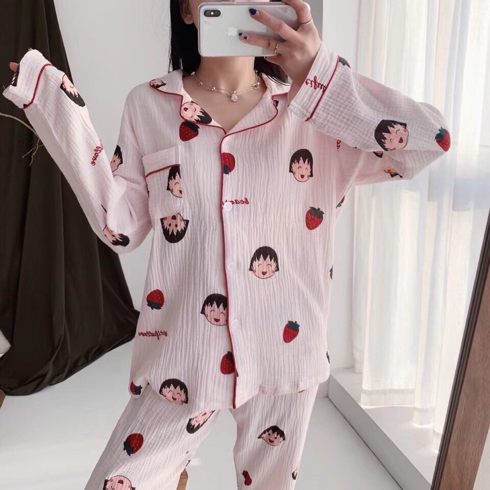 日系可爱纱布棉透气樱桃小丸子睡衣卡通可爱娃娃开衫长裤家居服女