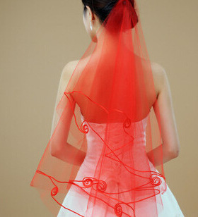 新娘头纱线边粗线头纱影楼拍照红色 婚纱 Wedding Veil