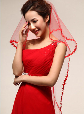 电脑花边新娘婚纱造型纱红色头纱 结婚头饰 Wedding Veil T038