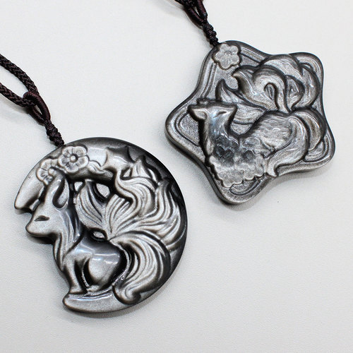 如鸿天然黑曜石原石吊坠九尾狐水晶狐狸星星月亮形男女款饰品挂件 - 图2