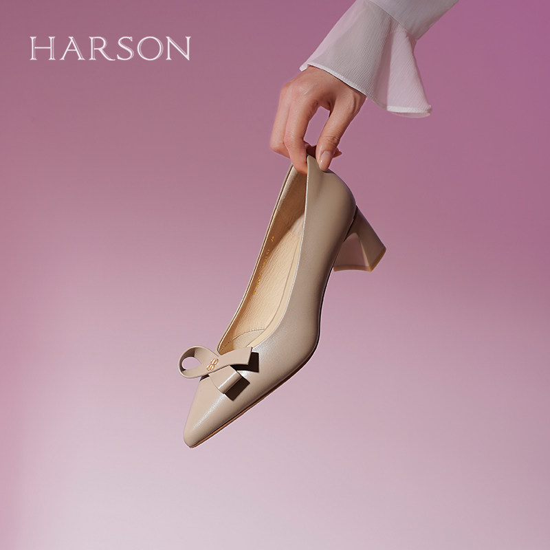哈森尖头羊皮不累脚高跟鞋女秋季新款软皮粗跟单鞋HL249407,淘宝优惠券,粉丝福利购,淘宝优惠卷