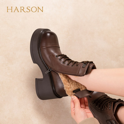 哈森增高8cm加绒保暖马丁靴雪地靴短筒女靴2025冬新款HWA250190 - 图1