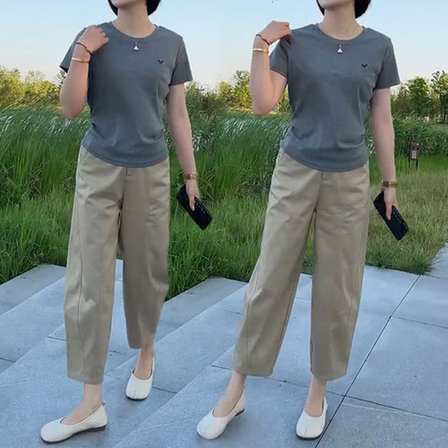 显瘦减龄时髦套装女时尚修身短袖简约高腰休闲裤春夏装搭配一整套 - 图0