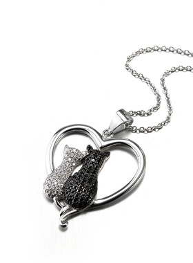 925银一对黑白猫咪甜美可爱项链