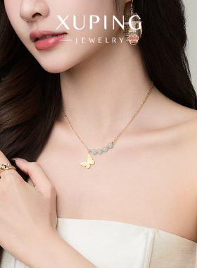 旭平仿黄金色折纸蝴蝶结仿玉石项链女轻奢新中式灵动气质锁骨链