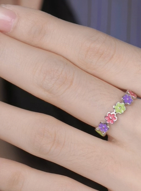 旭平彩色滴釉小花朵戒指女小清新高级感食指戒时尚个性小梅花指环
