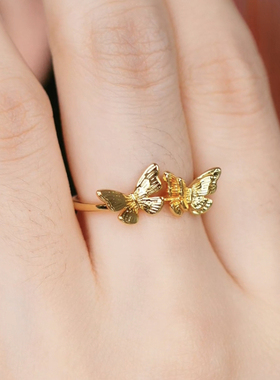 旭平晓蝶轻舞金色镂空双蝴蝶戒指小众设计轻奢ins高级感易搭指环