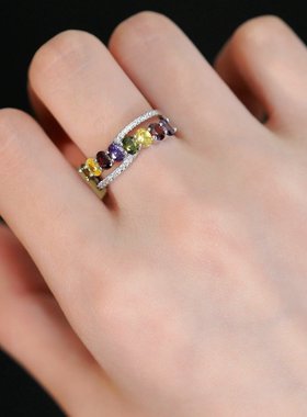 旭平彩宝系列法式风镶嵌人造石双排交叉戒指时尚高级感气质食指戒