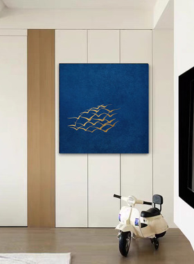 九鱼图新中式玄关挂画客厅蓝色极简方形壁画酒店民宿立体肌理墙画