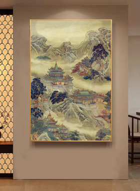 蓬莱仙境招财墙画佛道仙家仙堂堂口壁画玄关佛龛背景墙竖版挂画框