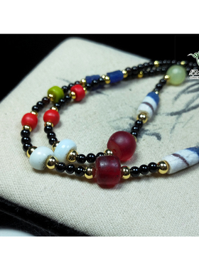 lssp/绿色石品wp1249 不还价 蓝色水纹老琉璃主珠多宝女款项链