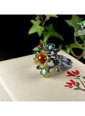 南红925银手工镶嵌戒指不还价