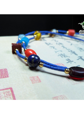 lssp/绿色石品wp1206 不还价 清代多棱猫琉璃主珠多宝锁骨项链