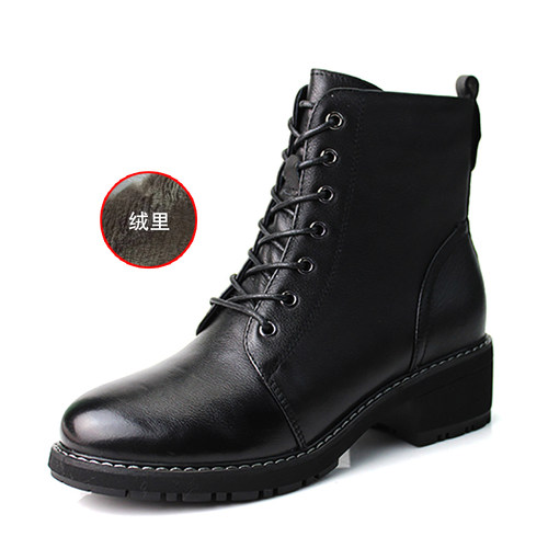 奥康女鞋断码清仓秋冬季时尚系带马丁靴牛皮女短靴黑色女靴 - 图0