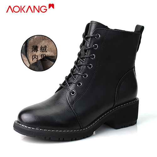 奥康女鞋断码清仓秋冬季时尚系带马丁靴牛皮女短靴黑色女靴 - 图2