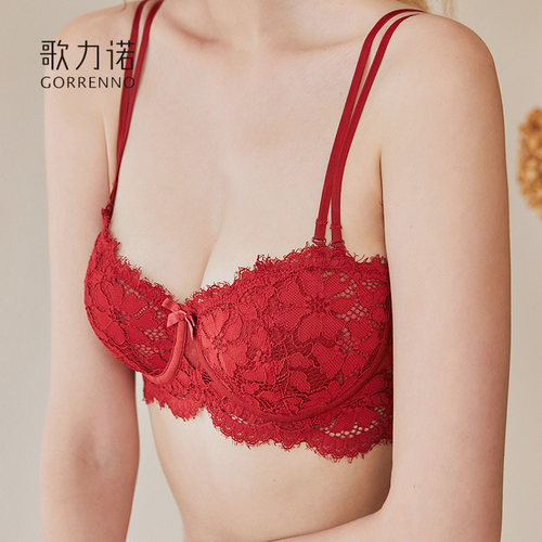 GORRENNO大胸显小内衣女新娘抹胸夏季超薄款本命年红色聚拢文胸罩 - 图1