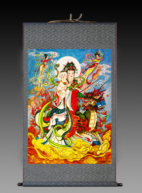 麒麟送子观音丝绸画吉祥如意挂画