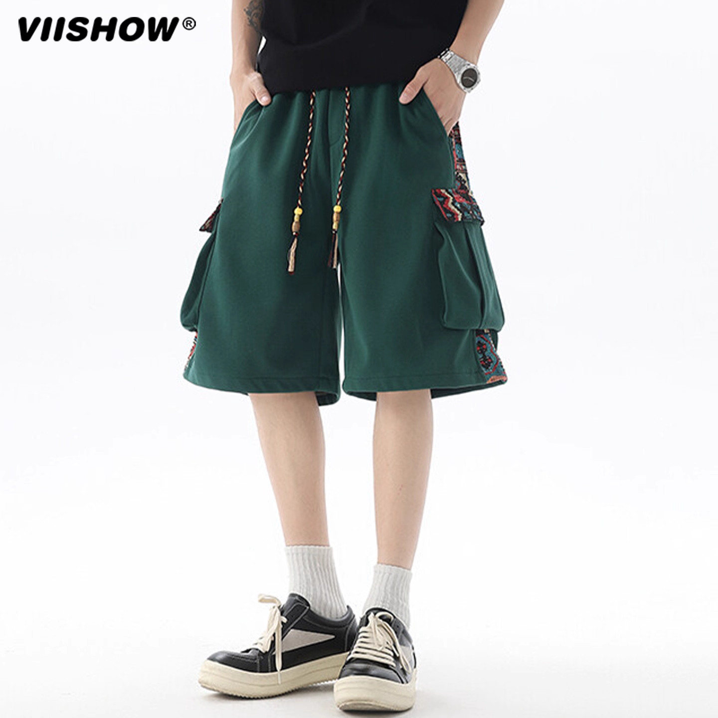 VIISHOW新中式刺绣短裤男夏季宽松休闲国潮中裤潮牌运动5五分裤子,淘宝优惠券,粉丝福利购,淘宝优惠卷