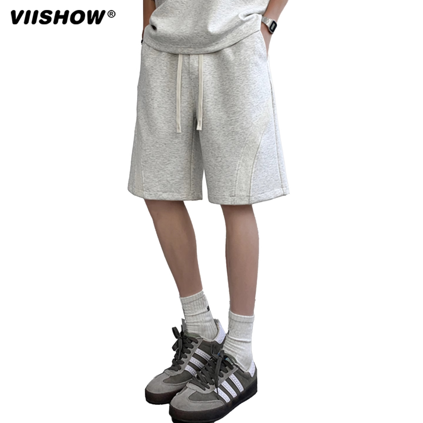 VIISHOW重磅休闲裤短裤2025年夏季新款男款百搭潮流高街纯色线条,淘宝优惠券,粉丝福利购,淘宝优惠卷