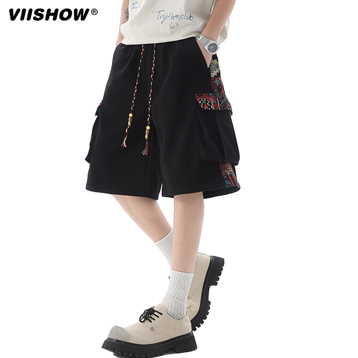 VIISHOW新中式刺绣短裤男夏季宽松休闲国潮中裤潮牌运动5五分裤子,淘宝优惠券,粉丝福利购,淘宝优惠卷