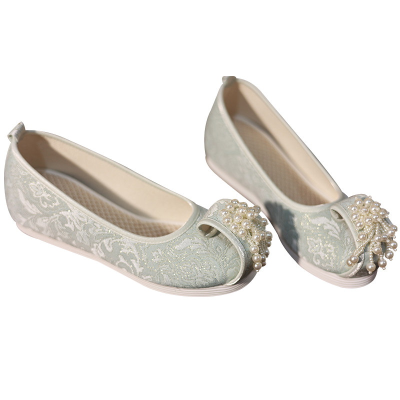 江南朱记【蔓枝】暗纹汉服鞋子古风内增高布鞋圆头珠花云头鞋,淘宝优惠券,粉丝福利购,淘宝优惠卷