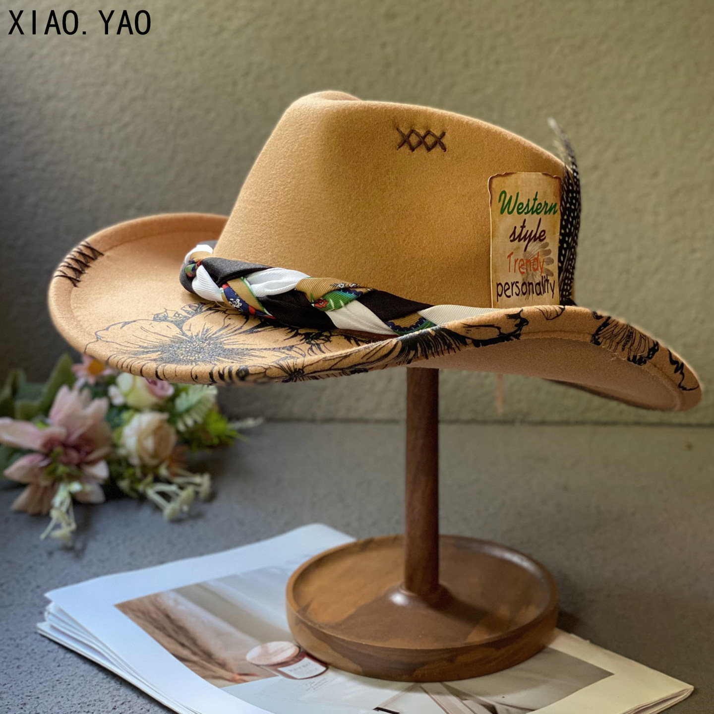 民族风西部牛仔帽子男女秋冬休闲百搭印花藏族爵士帽米色毛呢礼帽,淘宝优惠券,粉丝福利购,淘宝优惠卷