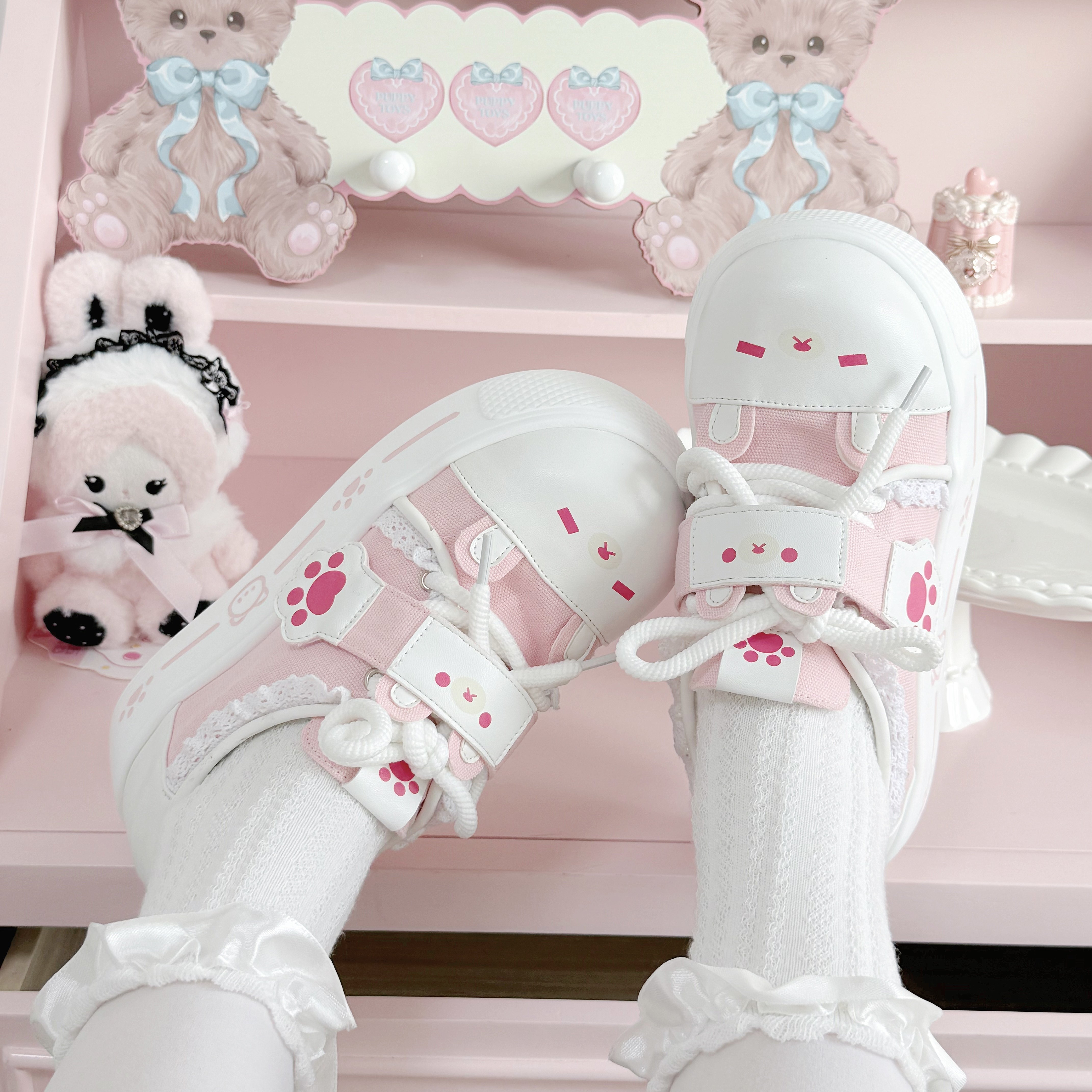 【轻松物语】原创轻松熊蕾丝拼色圆头Lolita 学生百搭可爱运动鞋,淘宝优惠券,粉丝福利购,淘宝优惠卷