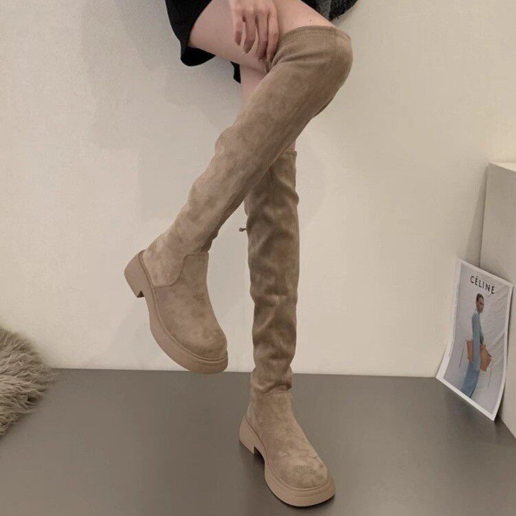 厚底过膝长靴女显瘦2025新款法式绒面高筒瘦瘦靴弹力骑士靴长筒靴,淘宝优惠券,粉丝福利购,淘宝优惠卷