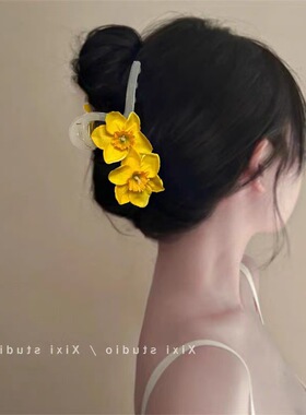 甜美明艳黄色双生花发夹甜发饰