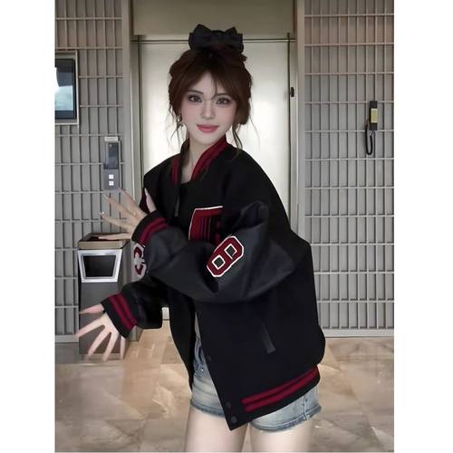 【夹棉加厚 毛呢夹克】美式复古棒球服女秋季徽章拼接撞色 - 图3