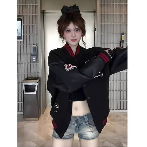【夹棉加厚 毛呢夹克】美式复古棒球服女秋季徽章拼接撞色 - 图1