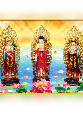 极乐世界 西方三圣 阿弥陀佛 观世音菩萨画像 佛像装饰挂画自粘画