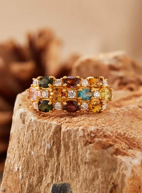 s925纯银天然宝石碧玺戒指女多色彩宝指环食指戒直播爆款