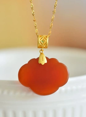 带证书S925纯银镀金镶红玛瑙吊坠新中式国潮红玉髓如意挂件高级感