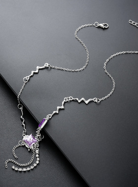 方块流苏项链男轻奢个性潮流气质甜酷紫锆石毛衣链女高级百搭饰品