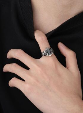 《十字花》戒指男开口可调节不掉色复古设计五彩石指环女潮流饰品