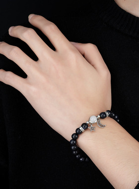 黑曜石手串男简约时尚潮流星月蓝砂石串珠手链女高级百搭饰品