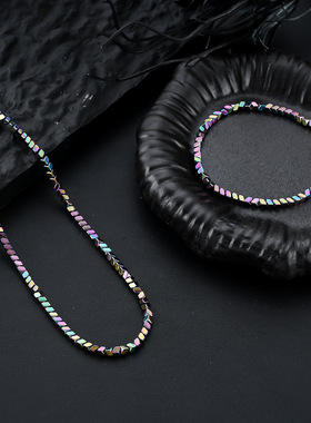 方块彩石项链男不掉色时尚潮流黑胆石手链女个性设计百搭饰品