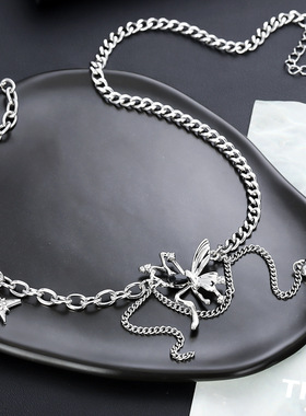 蝴蝶结吊坠项链男钛钢不掉色时尚潮流设计毛衣链高级百搭饰品潮款