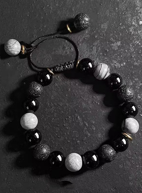 黑曜石手链男士新款高级感火山石珠子手串复古可调节个性百搭饰品