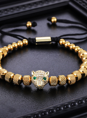 金色豹子头锆石编织手链男欧美罗马数字手镯麻花手环女三件套