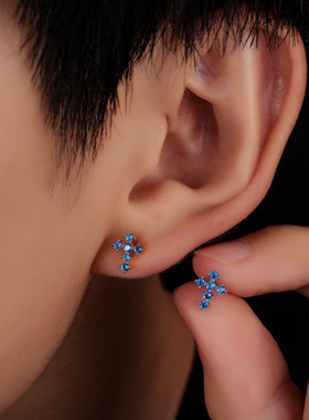 蓝锆石十字架耳钉男简约百搭女巴洛克小众设计感耳饰品潮流款