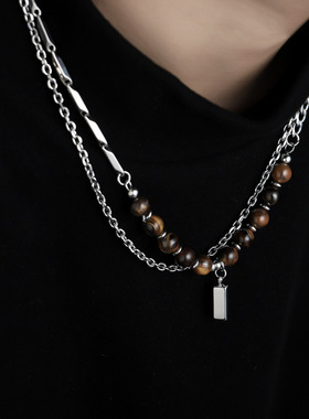 项链男虎眼石小方砖高级感百搭复古个性设计配饰女潮新款简约饰品