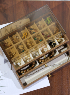 亚克力三层木纹首饰收纳盒耳钉耳环饰品项链戒指展示架大容量珠宝