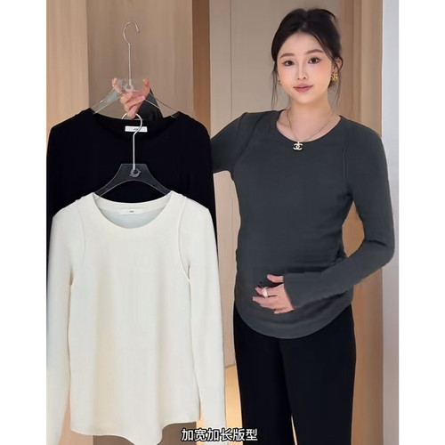 孕妇装春秋冬弹力保暖内搭打底衫女辣妹修身正肩长袖t恤加绒上衣 - 图0