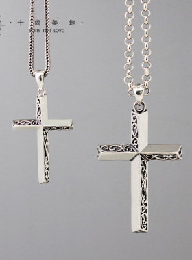复古花纹925银潮牌十字架项链