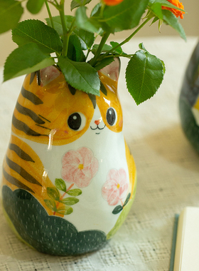 猫形插花花器创意手绘陶瓷花瓶
